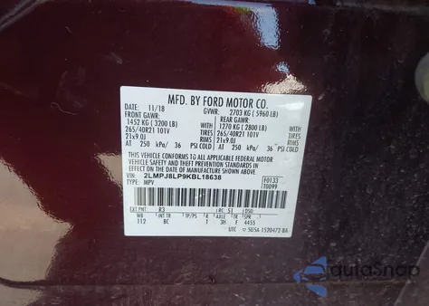 2019 Lincoln Nautilus Reserve z USA, uszkodzony, nr VIN 2LMPJ8LP9KBL18638